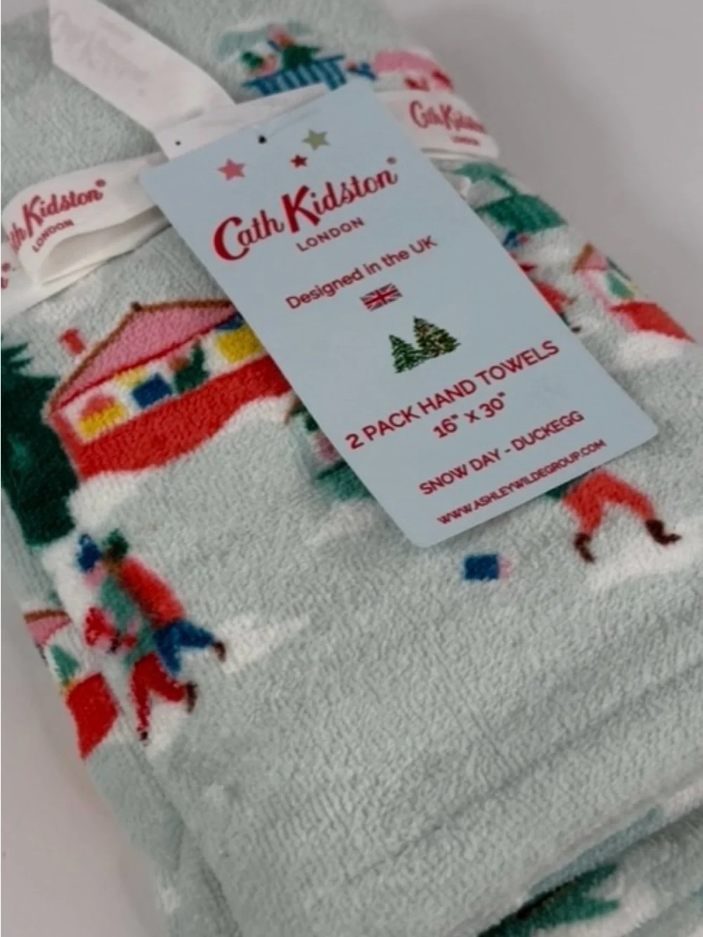 4 PC Cath Kidston Snowy Day DuckEgg 2 Bath 2 Hand Towels Christmas Vintage Scene